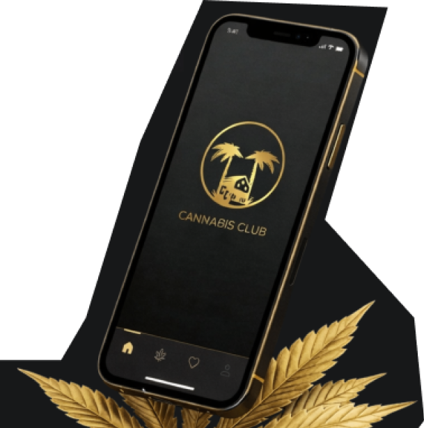 IPhone with the Cannabis clubs ios app showing on the screen.